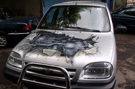 broken hood art car