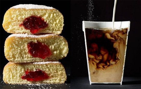 donuts and coffee cut in half