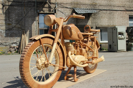 detailed hand carved wooden motorcycle