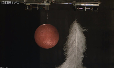 bowling ball and feathers falling in a vacuum